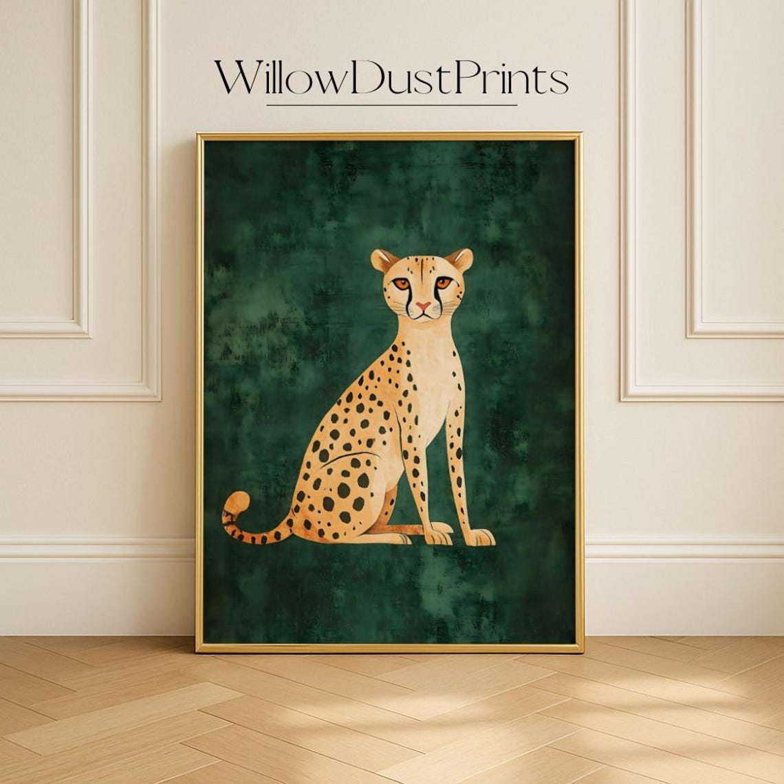 Cheetah Sitting Portrait Spotted Wild Cat Deep Green Home Decor Poster