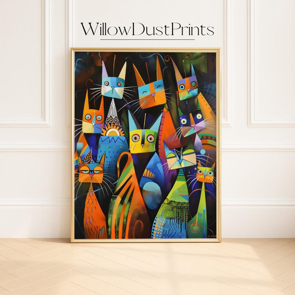 Colorful Abstract Cats Pop Geometric Style Whimsical Art Poster