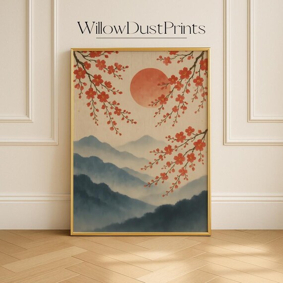 Japanese Cherry Blossom Red Sun Misty Mountain Wabi Sabi Poster