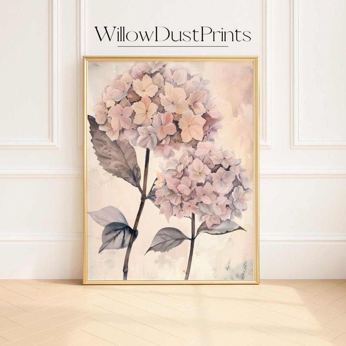 Pink Hydrangea Blooms Delicate Watercolor Botanical Floral Poster