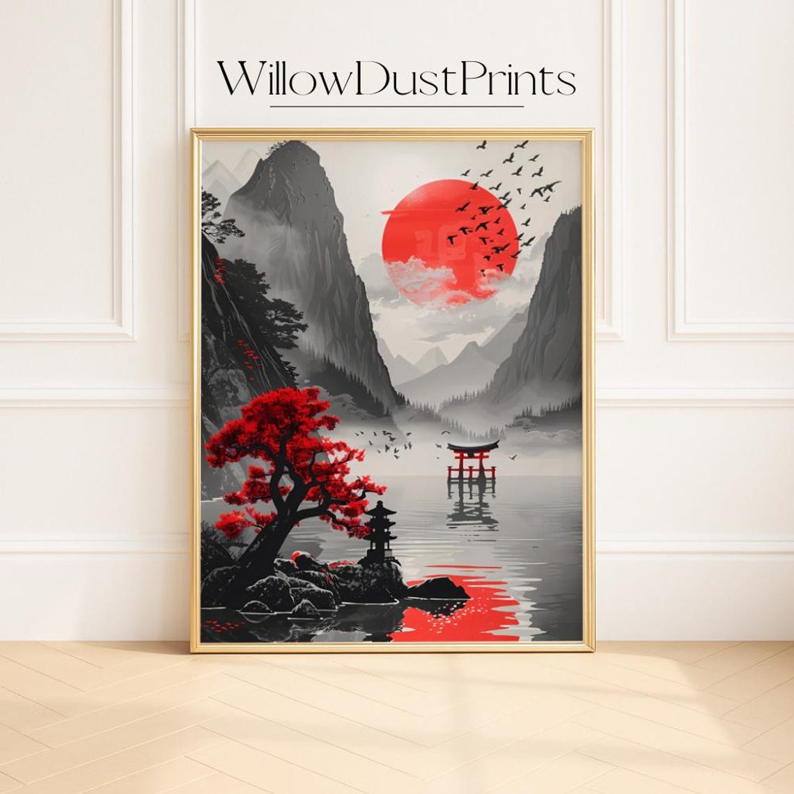 Red Sun Over Torii Gate Japanese Zen Lake Landscape Art Poster