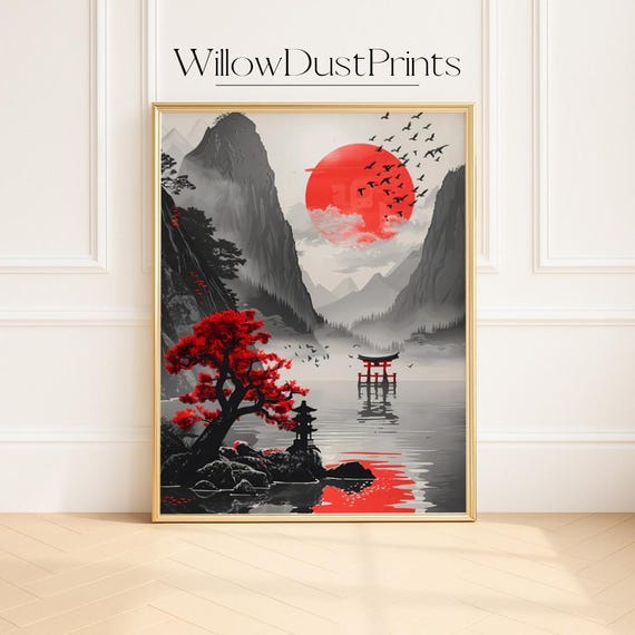Red Sun Over Torii Gate Japanese Mountain Landscape Wall Art For Zen Meditation Modern Asian Home Decor Japandi Gift