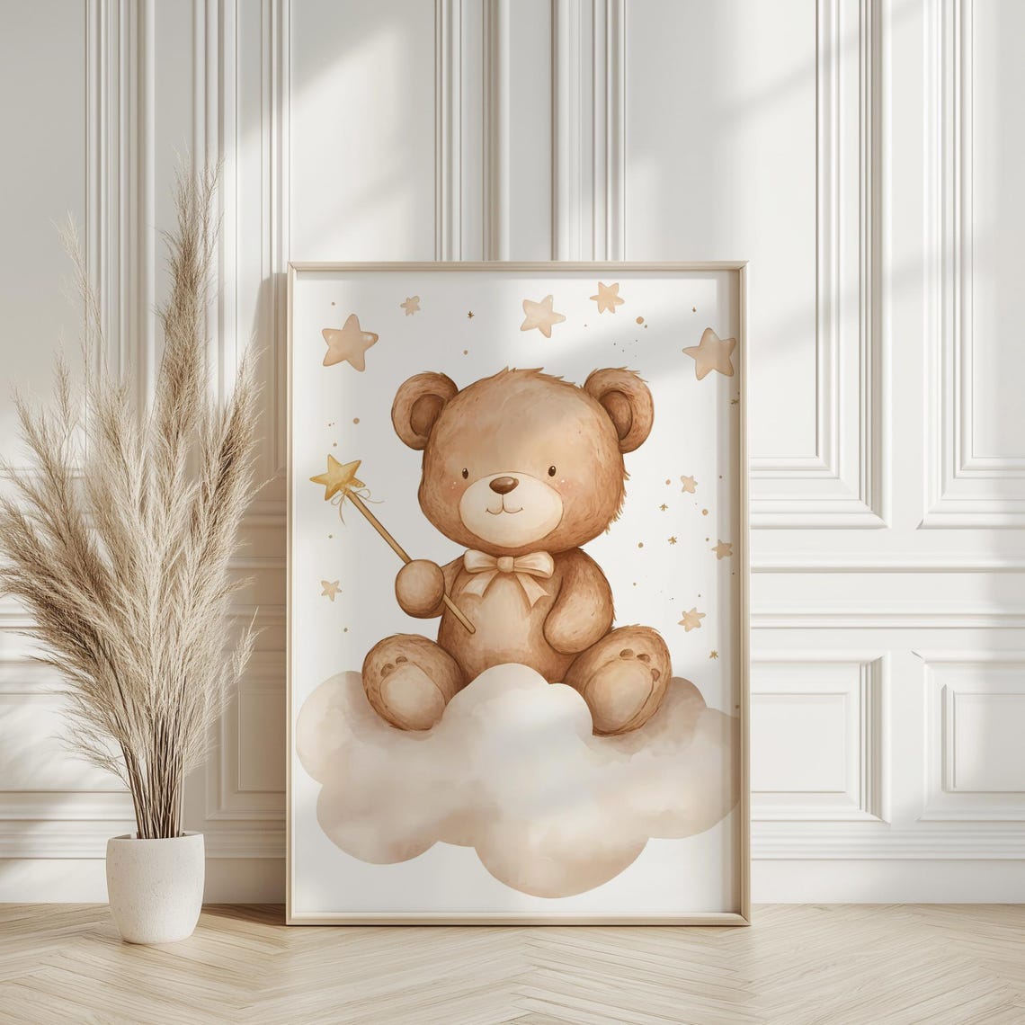 Teddy Bear Nursery Wall Art Print Decor On The Cloud Child Kids Baby Neutral Magic Wand