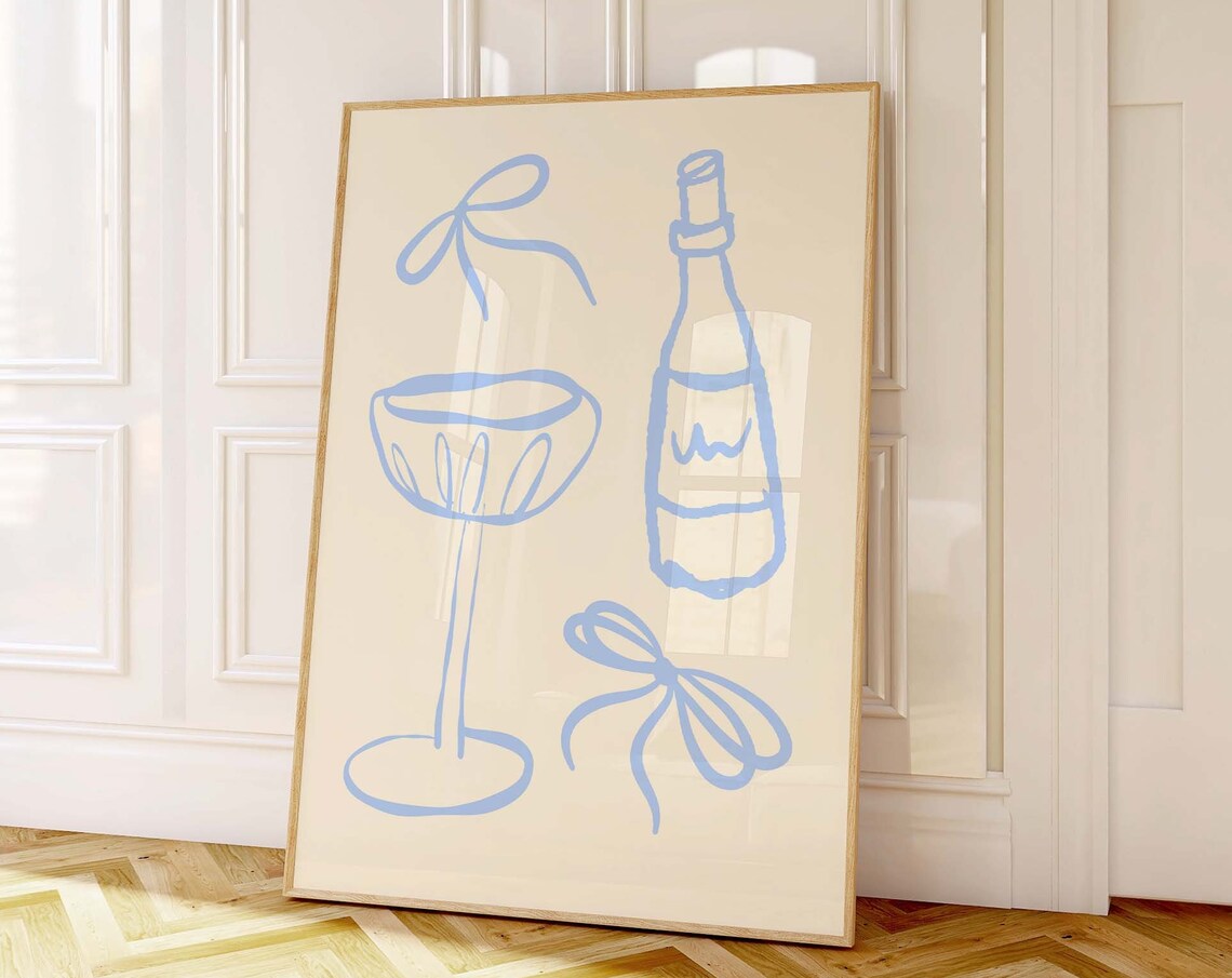 Coquette Champagne Bottle Coupe Glass Blue Line Art Bar Poster