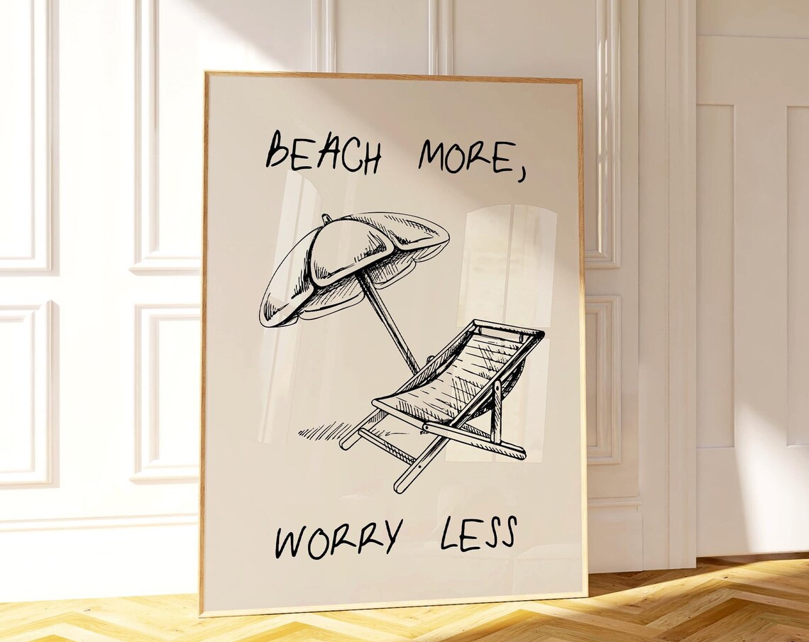 Beach More Worry Less Black Ink Sketch Umbrella Lounge Chair Poster