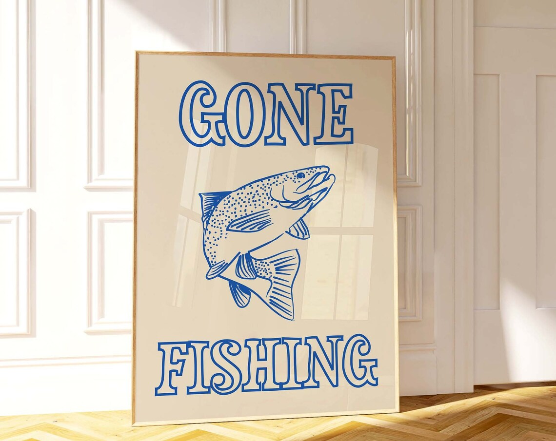 Gone Fishing Retro Beach Poster, Funny Quote Print