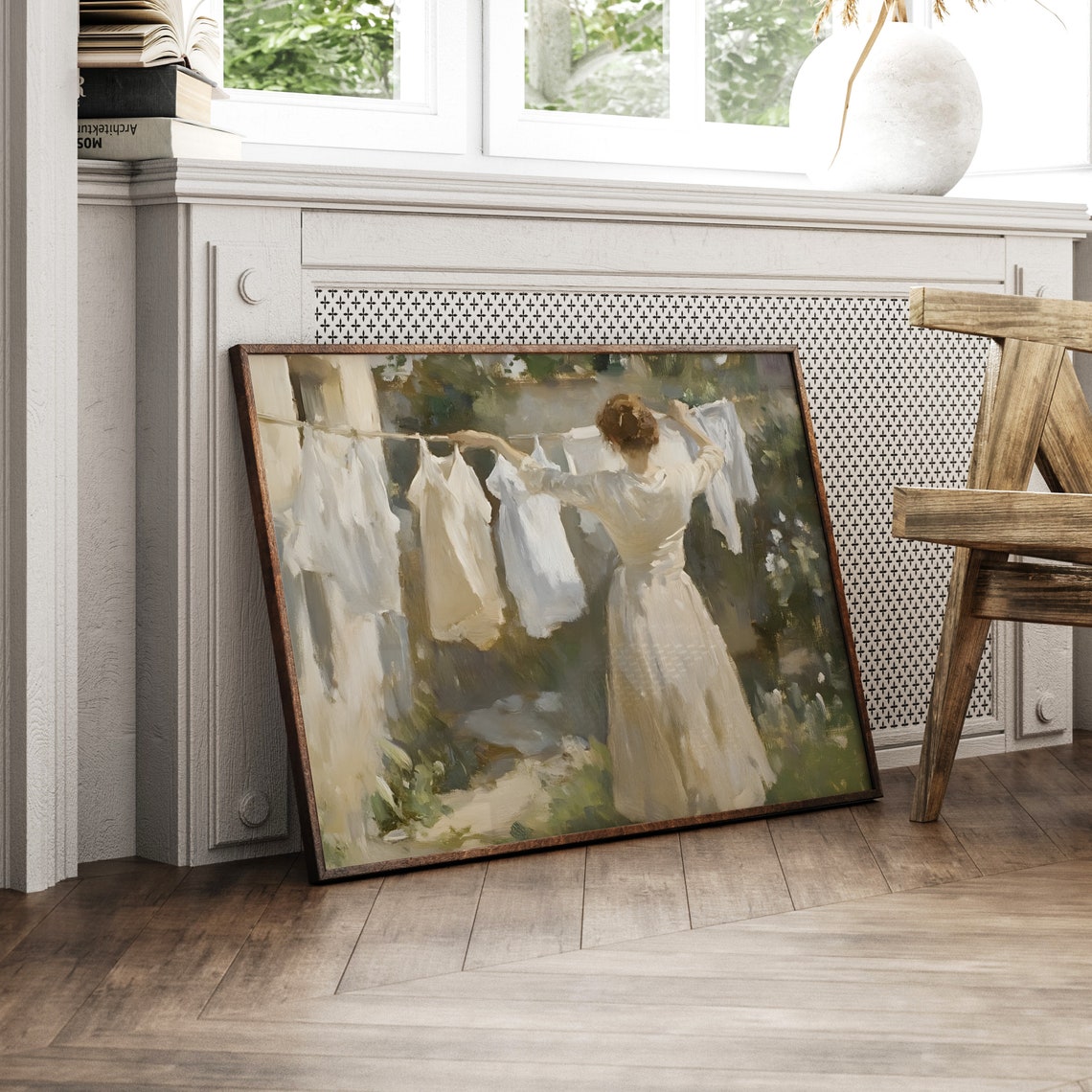 Woman Hanging Laundry On Line Sunny Garden Vintage Painting Poster - Image 2