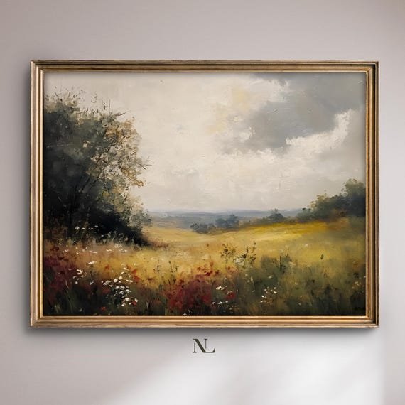Wall Art Wildflower Meadow Moody Home Decor Rustic Vintage Landscape Oil Painting Cosy Farmhouse Impressionist Print