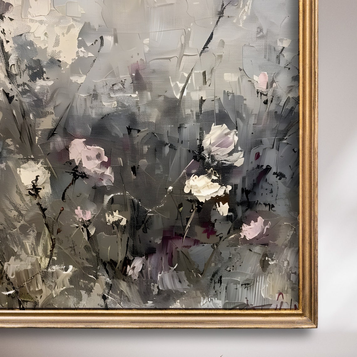 Abstract Floral Painting In Soft Grey And Pink Impasto Style Poster - Image 7