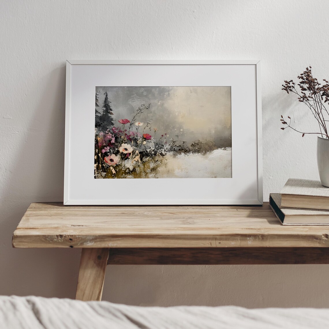 Pink And White Wildflowers With Pine Trees Winter Meadow Poster - Image 6