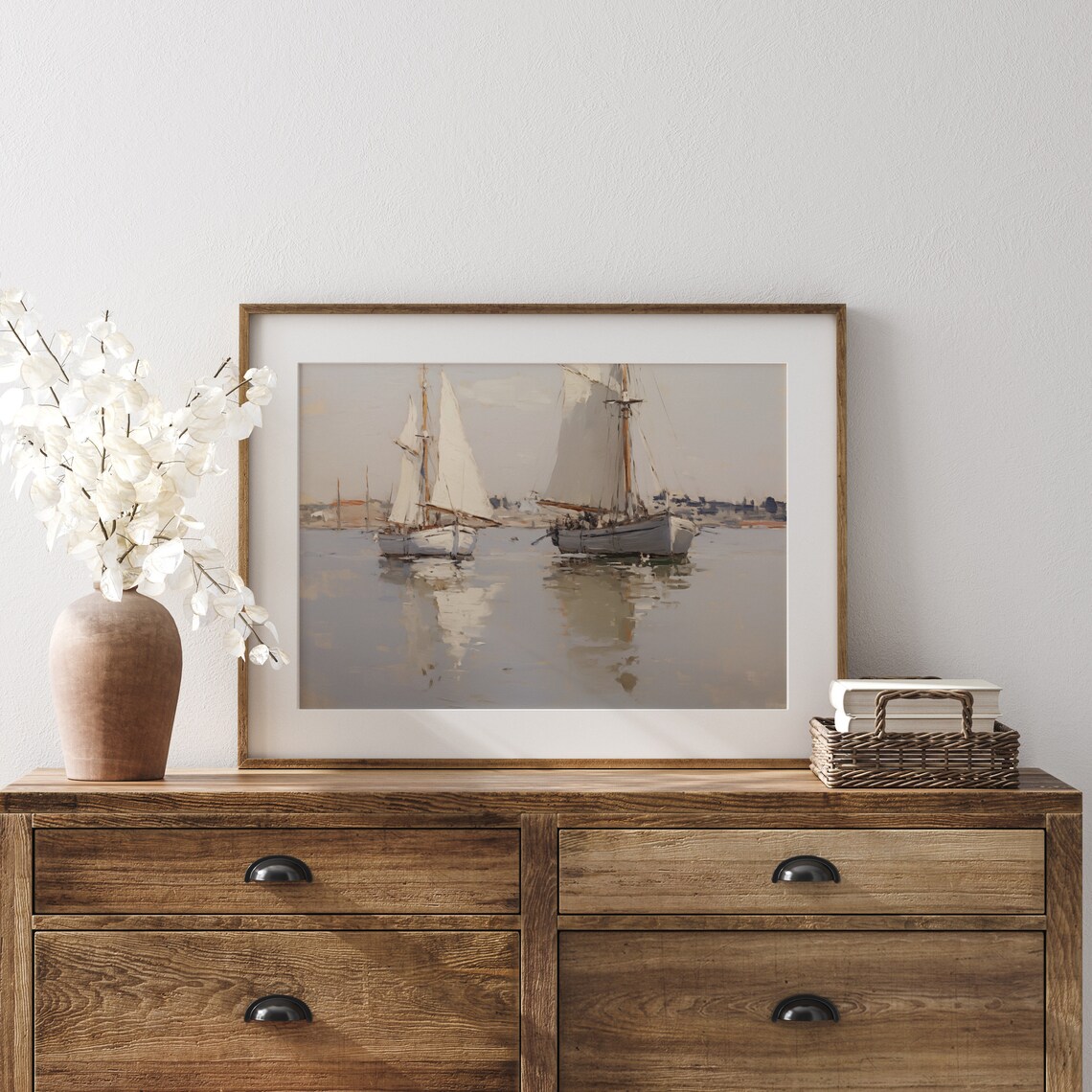 Two Sailboats Calm Harbor White Sails Serene Seascape Poster - Image 4