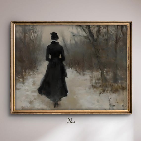 Wall Art Woman Walking Winter Path Moody Home Decor Rustic Vintage Seasonal Oil Painting Cozy Farmhouse Impressionist Print