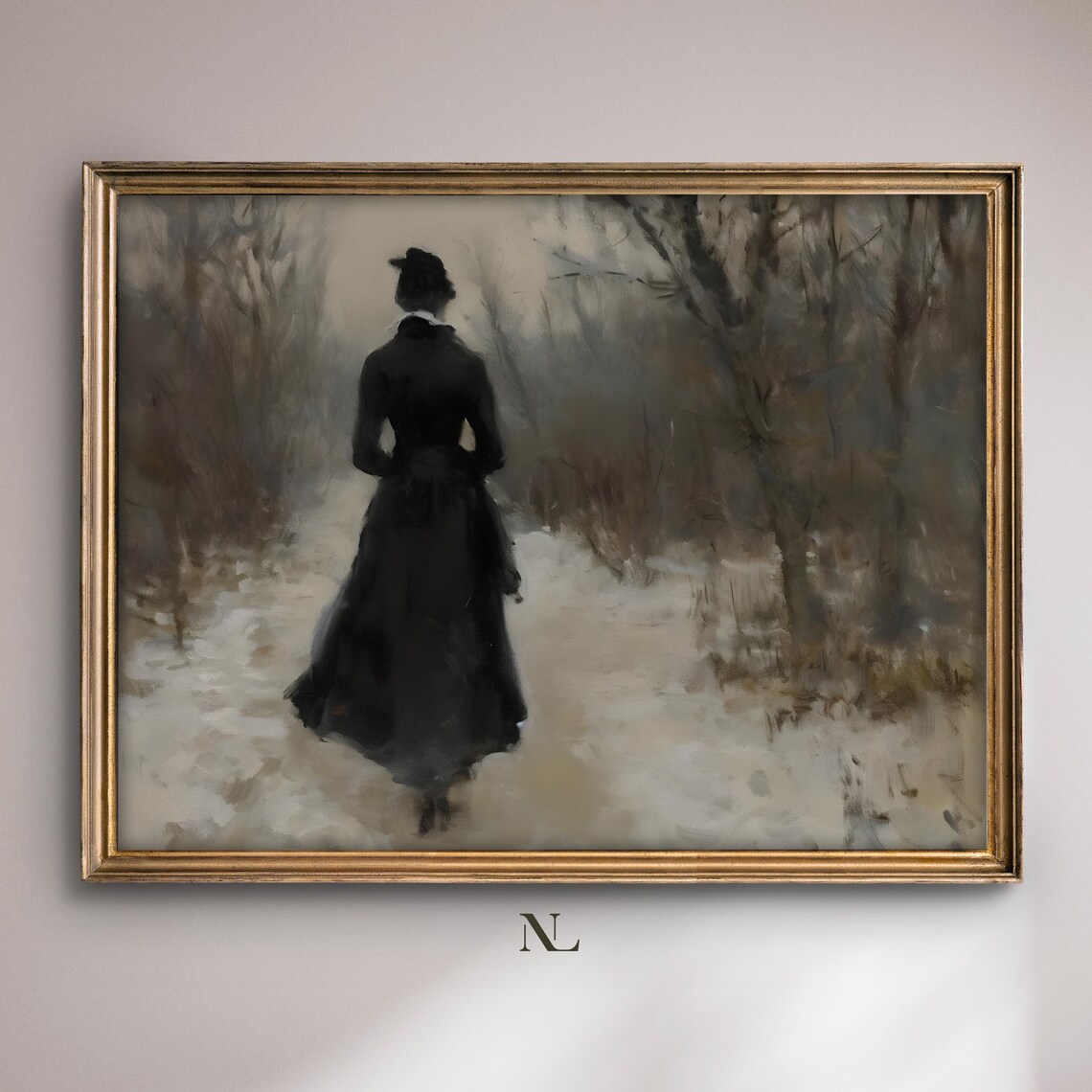 Woman In Black Dress Walking Snowy Path Moody Winter Painting Poster