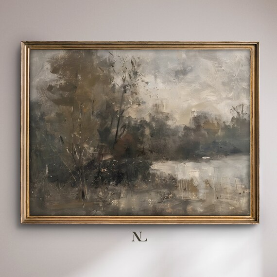 Moody Autumn Forest Lake Dark Impressionist Landscape Painting Poster