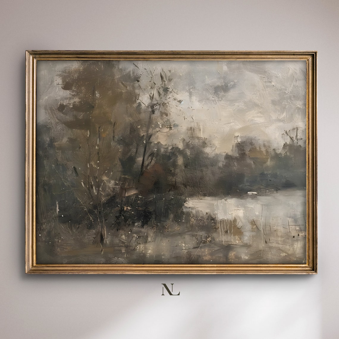 Moody Autumn Forest Lake Dark Impressionist Landscape Painting Poster