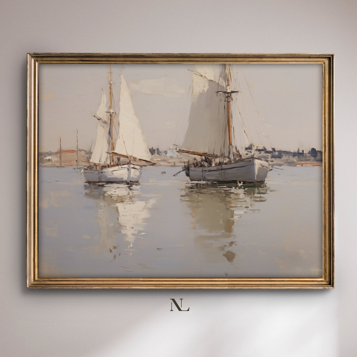 Two Sailboats Calm Harbor White Sails Serene Seascape Poster