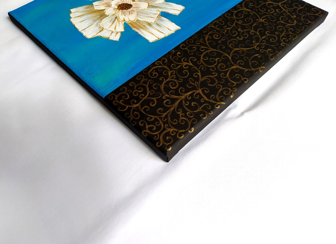 White Flower Turquoise Blue Gold Swirl Border Modern Painting Print - Image 2