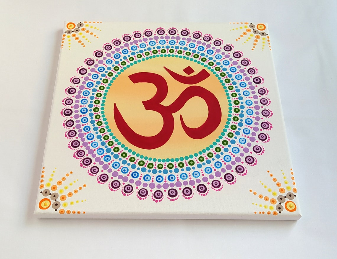 Red Om Symbol Gold Circle Colorful Dot Mandala Meditation Wall Art - Image 2