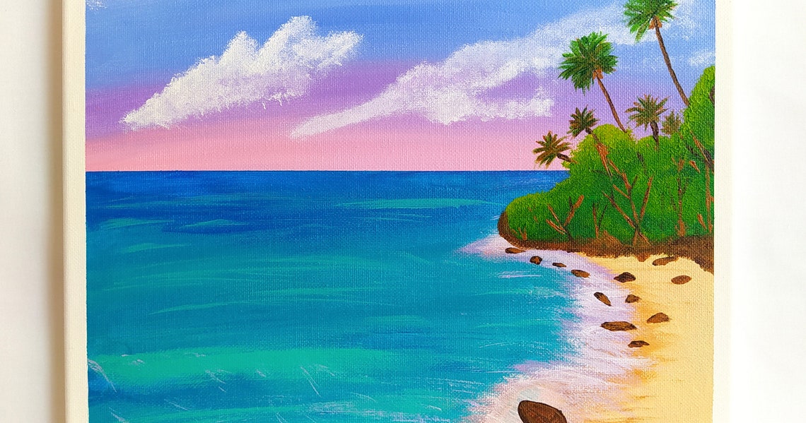 Curved Sandy Beach Palm Trees Turquoise Ocean Pink Sky Painting Print - Image 3