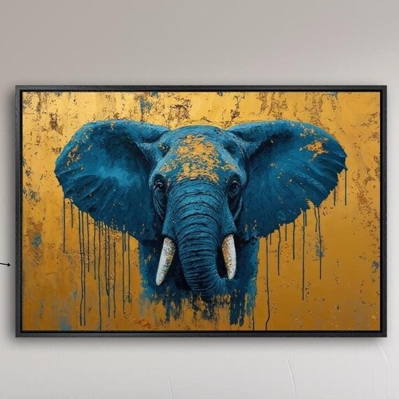 Blue Elephant Face Front View Gold Drip Background Abstract Wildlife Poster