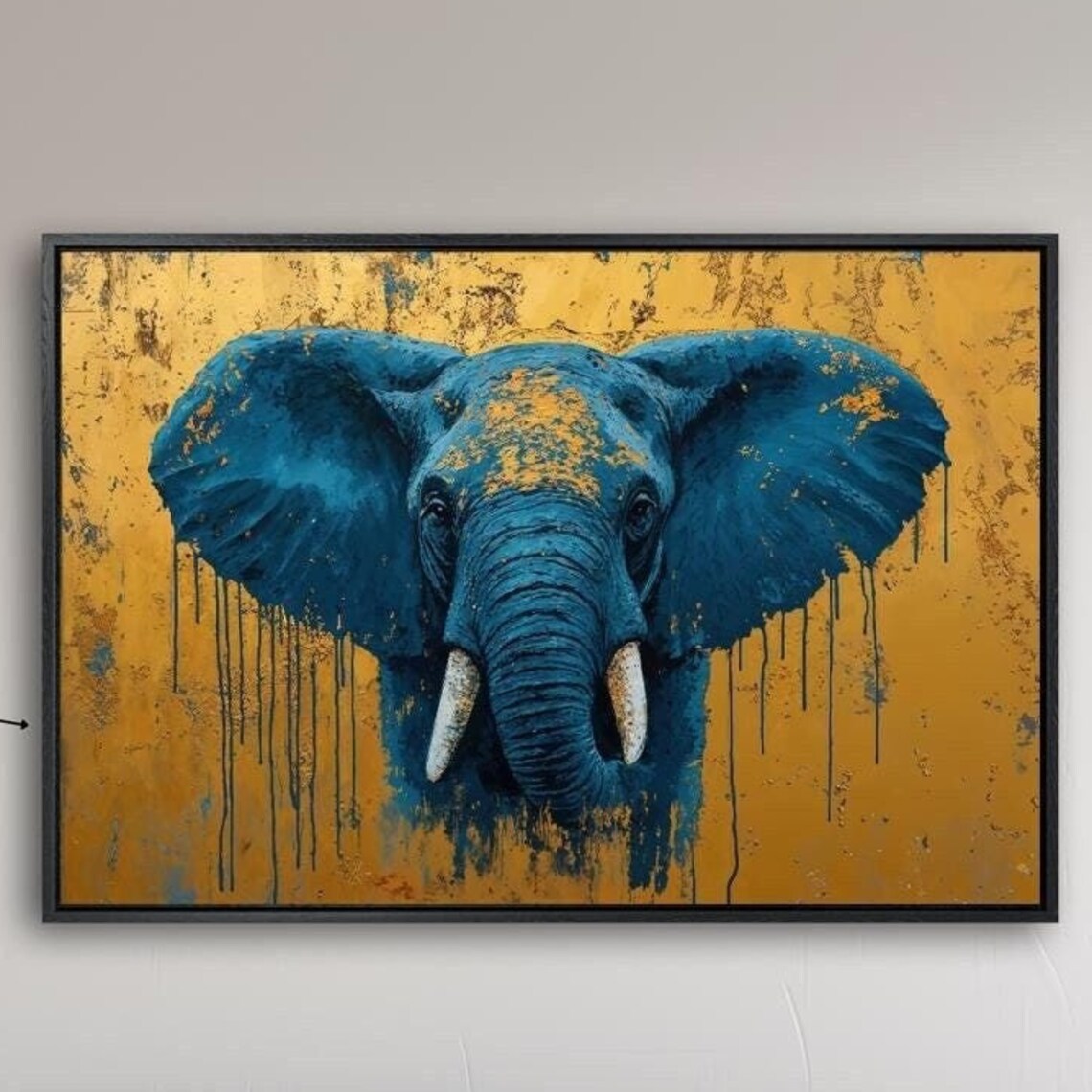 Blue Elephant Face Front View Gold Drip Background Abstract Wildlife Poster