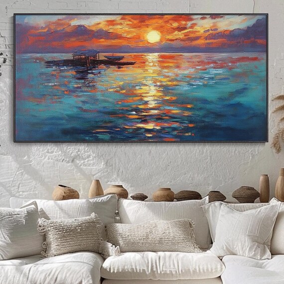 Fiery Sunset Over Ocean Boats Shimmering Vibrant Seascape Art Poster