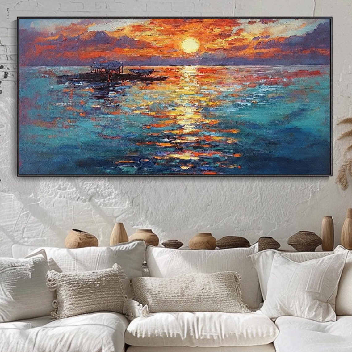 Fiery Sunset Over Ocean Boats Shimmering Vibrant Seascape Art Poster