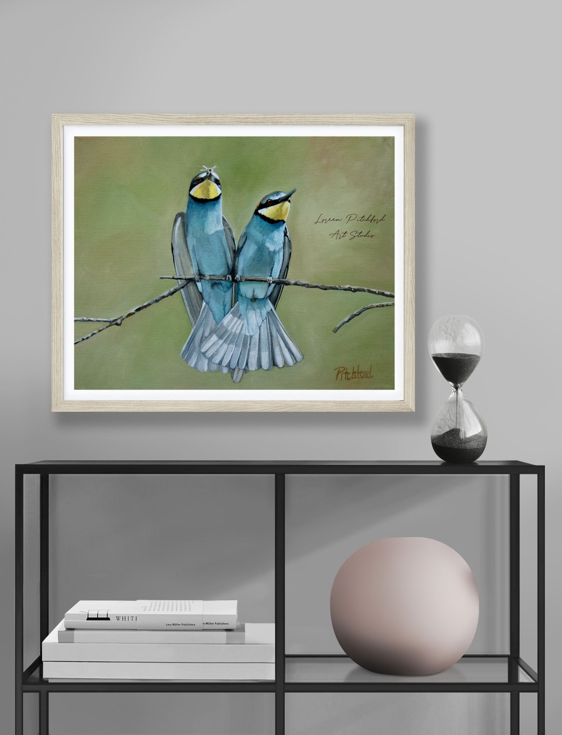 Pair Of Blue Songbirds Perched Together On A Bare Branch Poster