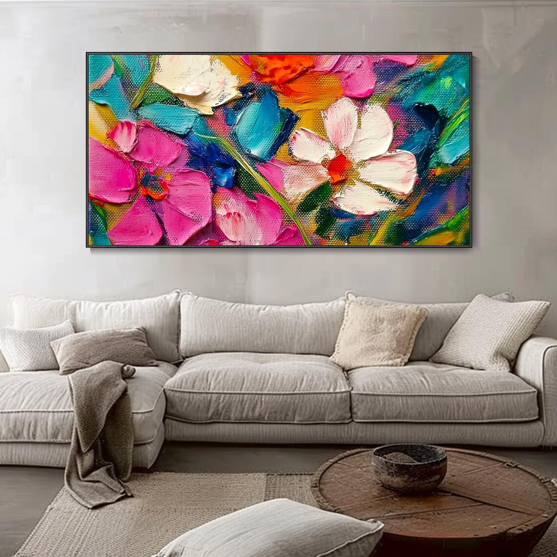 Bold Pink Turquoise Abstract Floral Close Up Palette Knife Poster - Image 4
