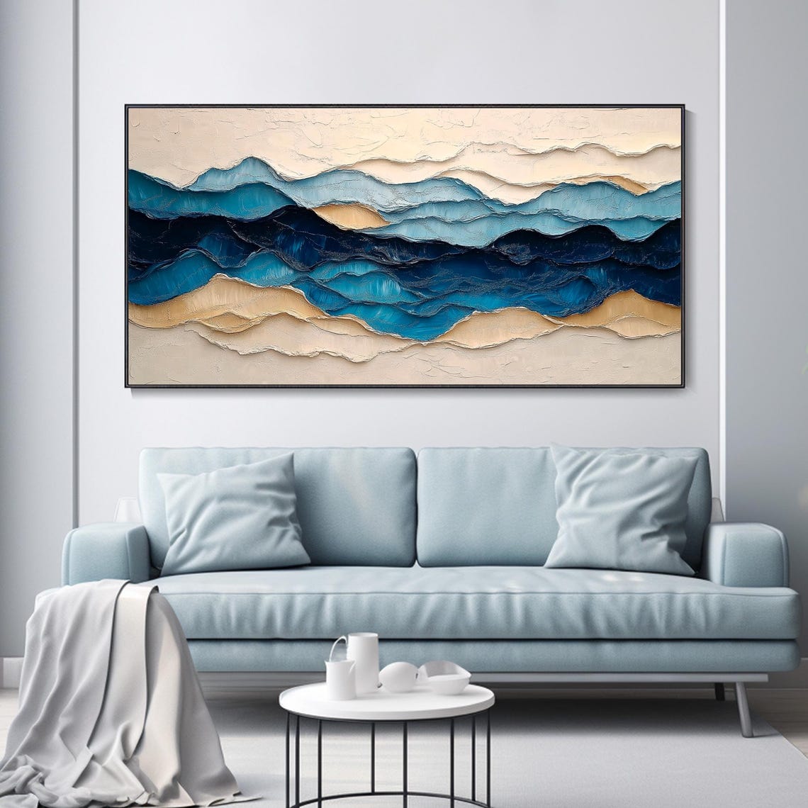 Navy Blue Abstract Ocean Waves Sand Tones Impasto Art Poster - Image 3