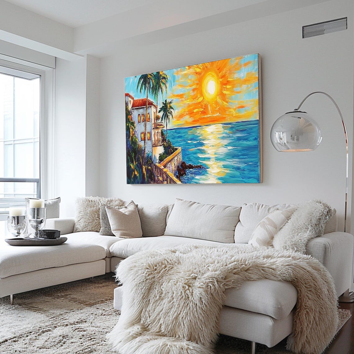 Seaside Villa Ocean Sunset Palm Terrace Golden Sky Art Poster - Image 2