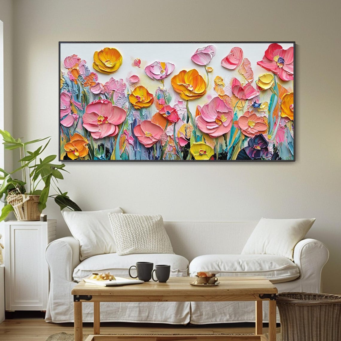 Pink Coral Poppy Flowers Palette Knife White Background Poster - Image 4
