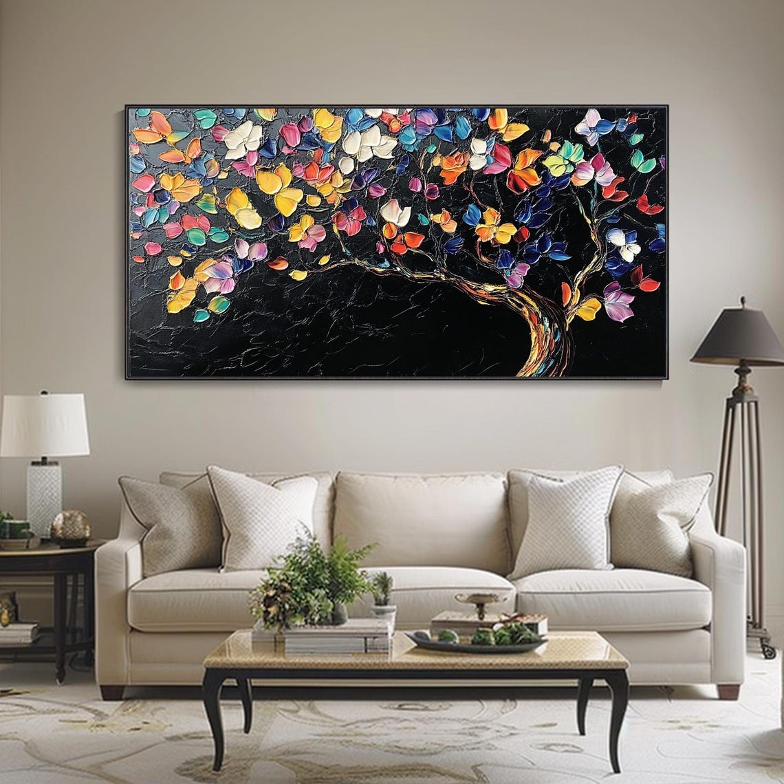Tree of Life Colorful Blossoms Black Background Modern Art Poster - Image 3