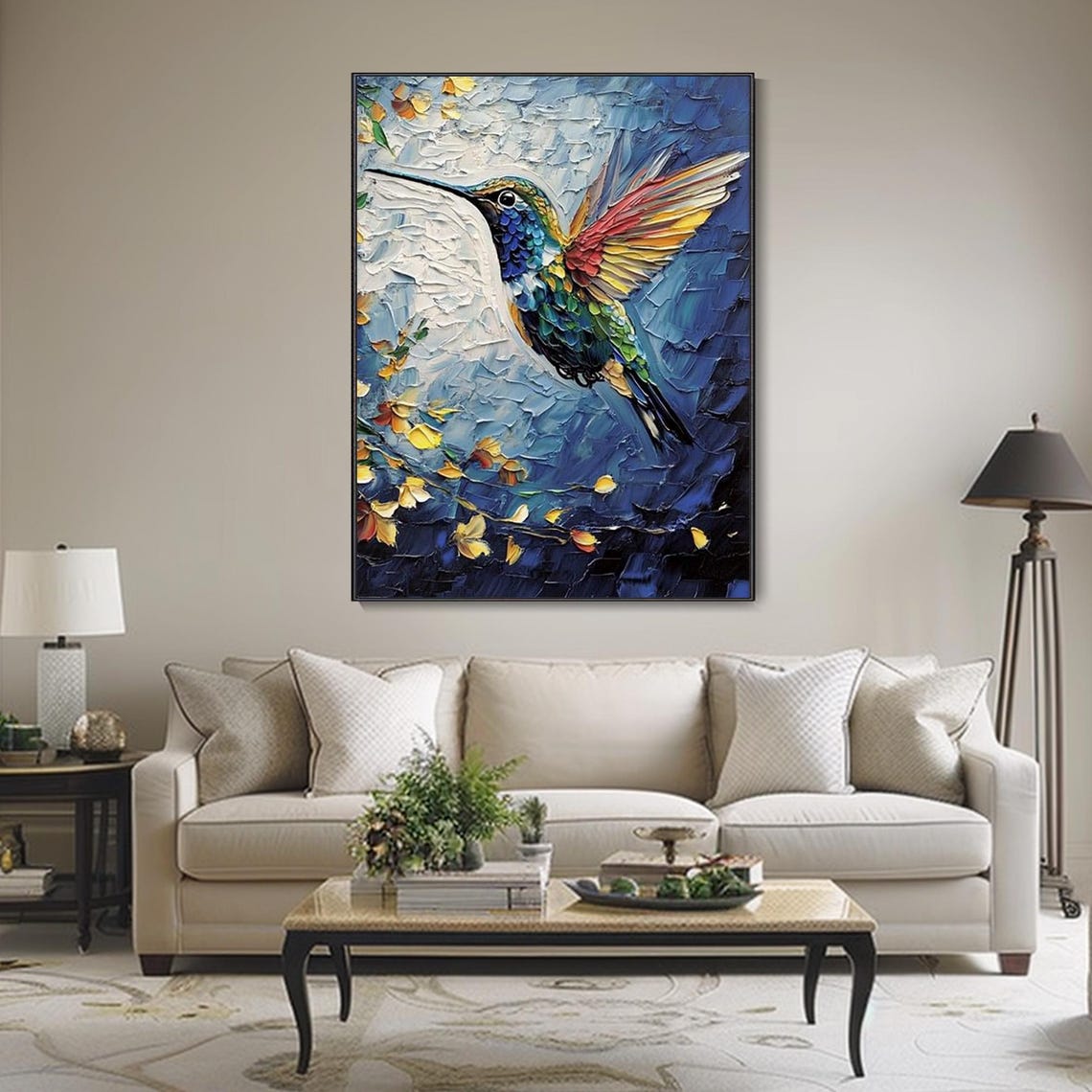 Colorful Hummingbird in Flight Blue Background Floral Art Poster - Image 3