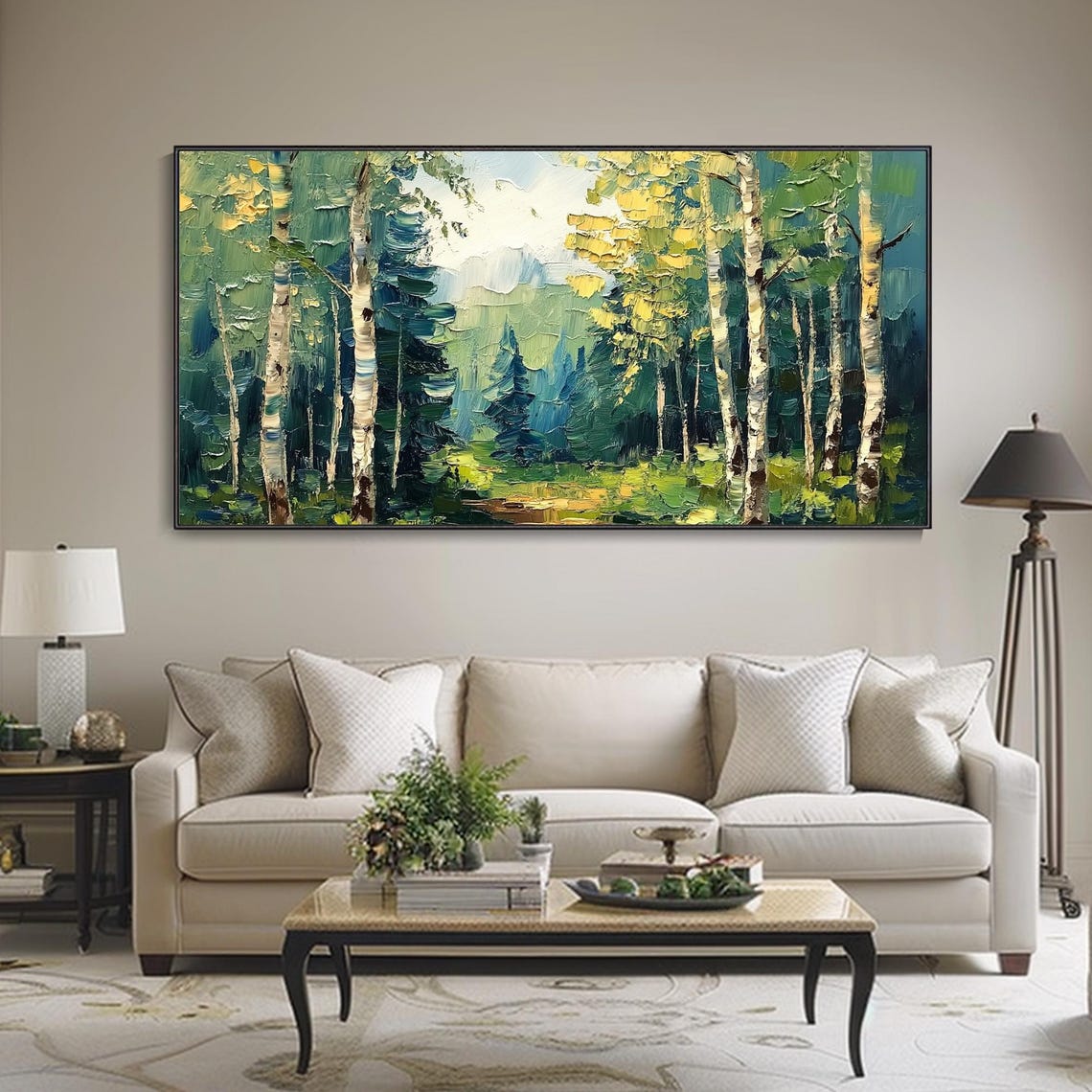 Birch Trees Lush Green Forest Golden Light Nature Art Poster - Image 2