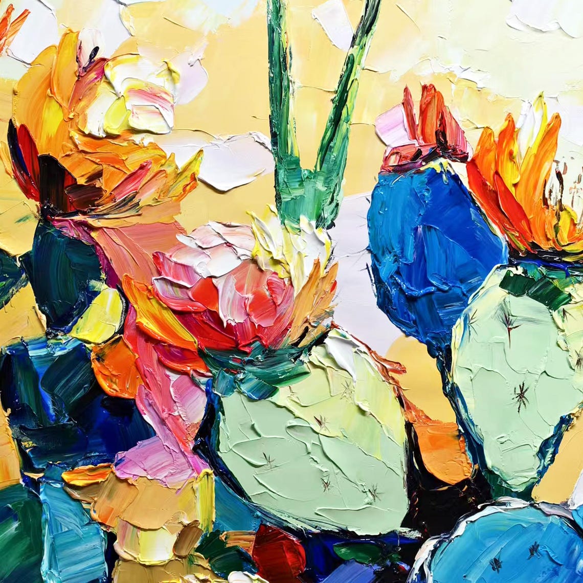 Colorful Blooming Prickly Pear Cactus Impasto Desert Art Poster - Image 3