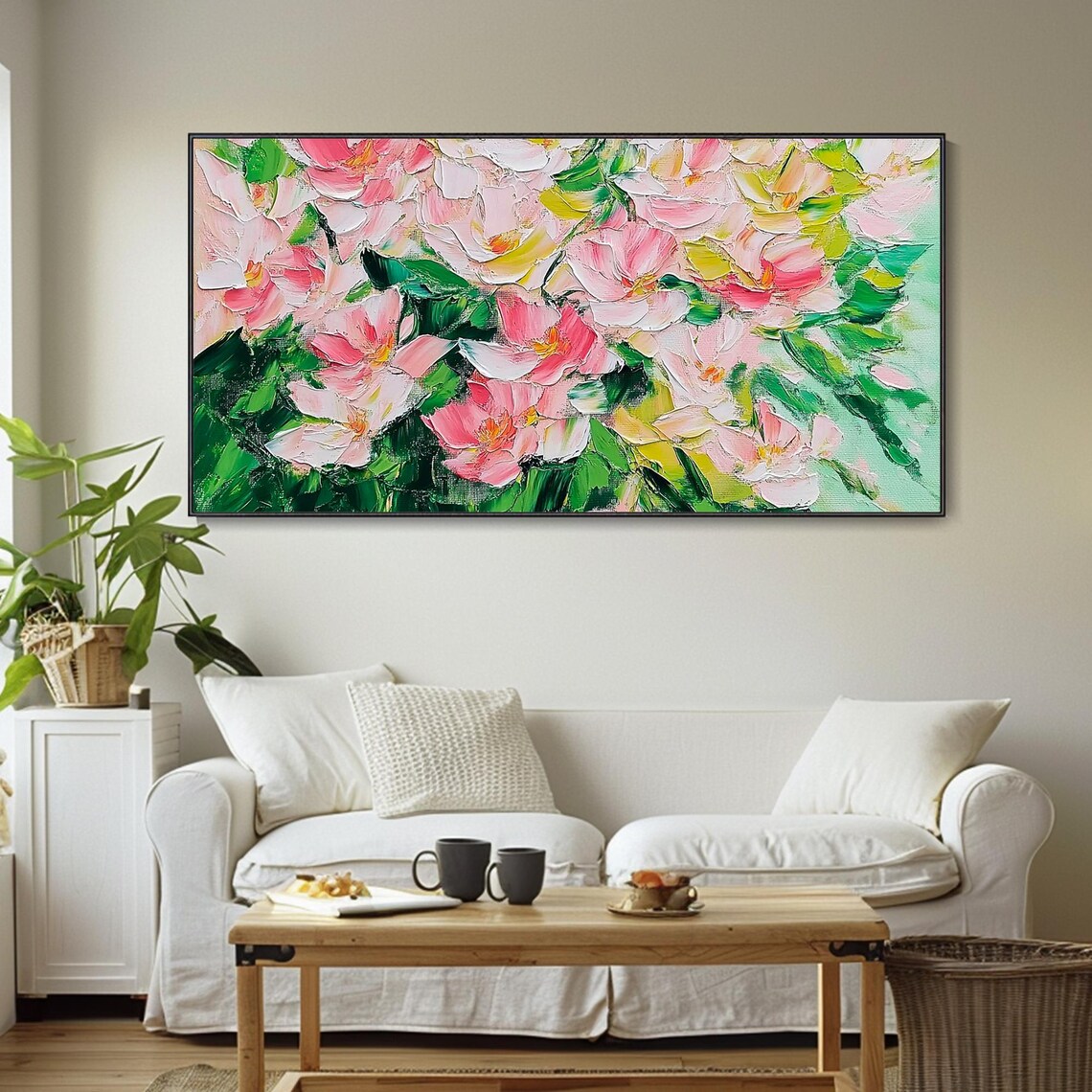 Pink Magnolia Blossoms Green Leaves Soft Impasto Floral Art Poster - Image 5