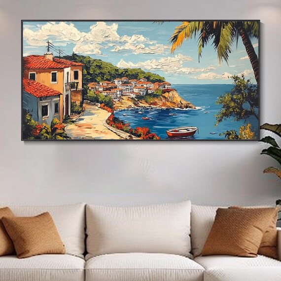 Mediterranean Coastal Village Cliff Terracotta Roofs Boats Textured Travel Poster