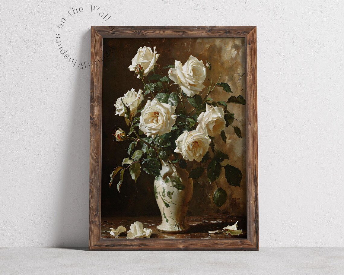 White Roses Vintage Still Life Art Print - Image 2