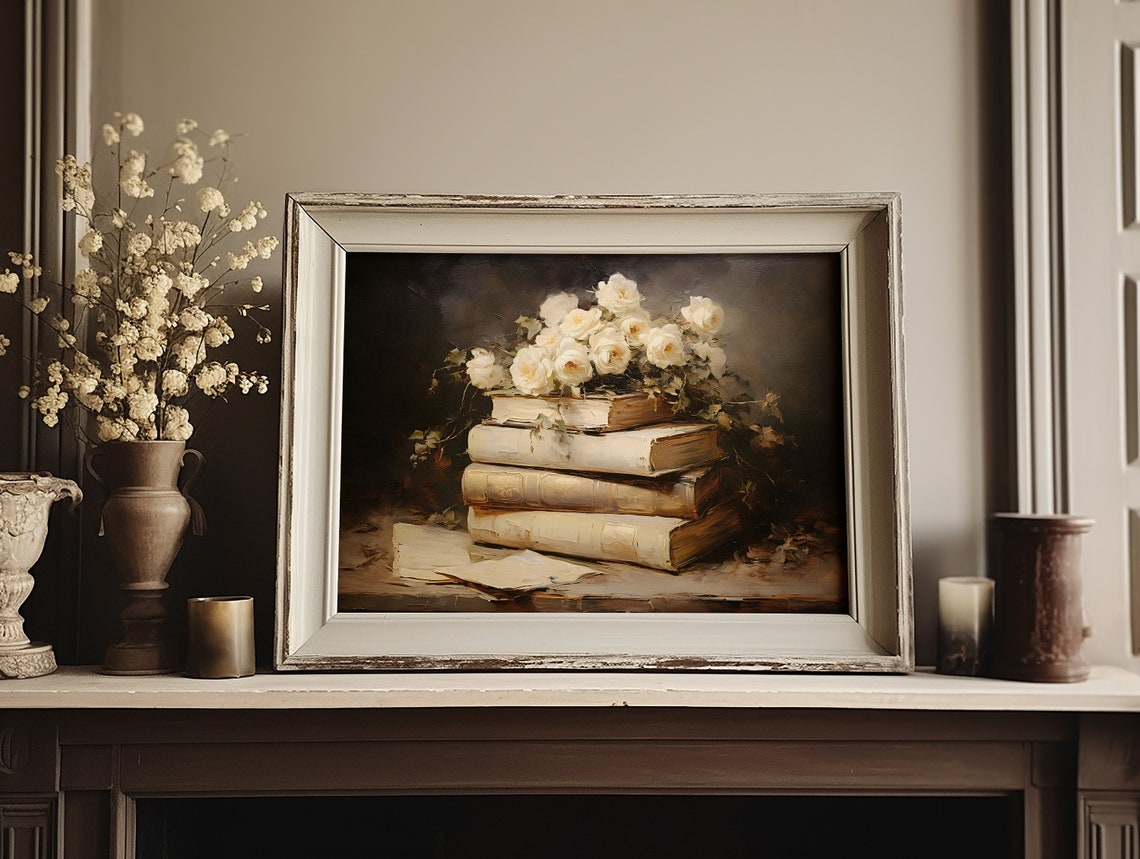 White Roses on Stack of Vintage Books Moody Still Life Poster - Image 7