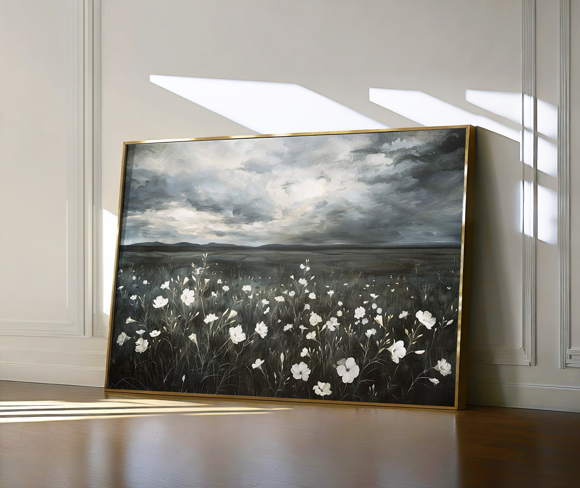 Dramatic White Wildflowers Under Stormy Sky Moody Landscape Poster - Image 6