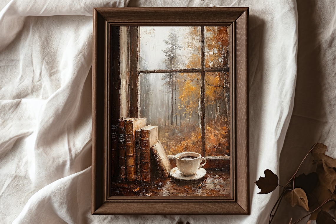 Fall Coffee Light Academia Bookish Oil Painting Art Print - Image 6