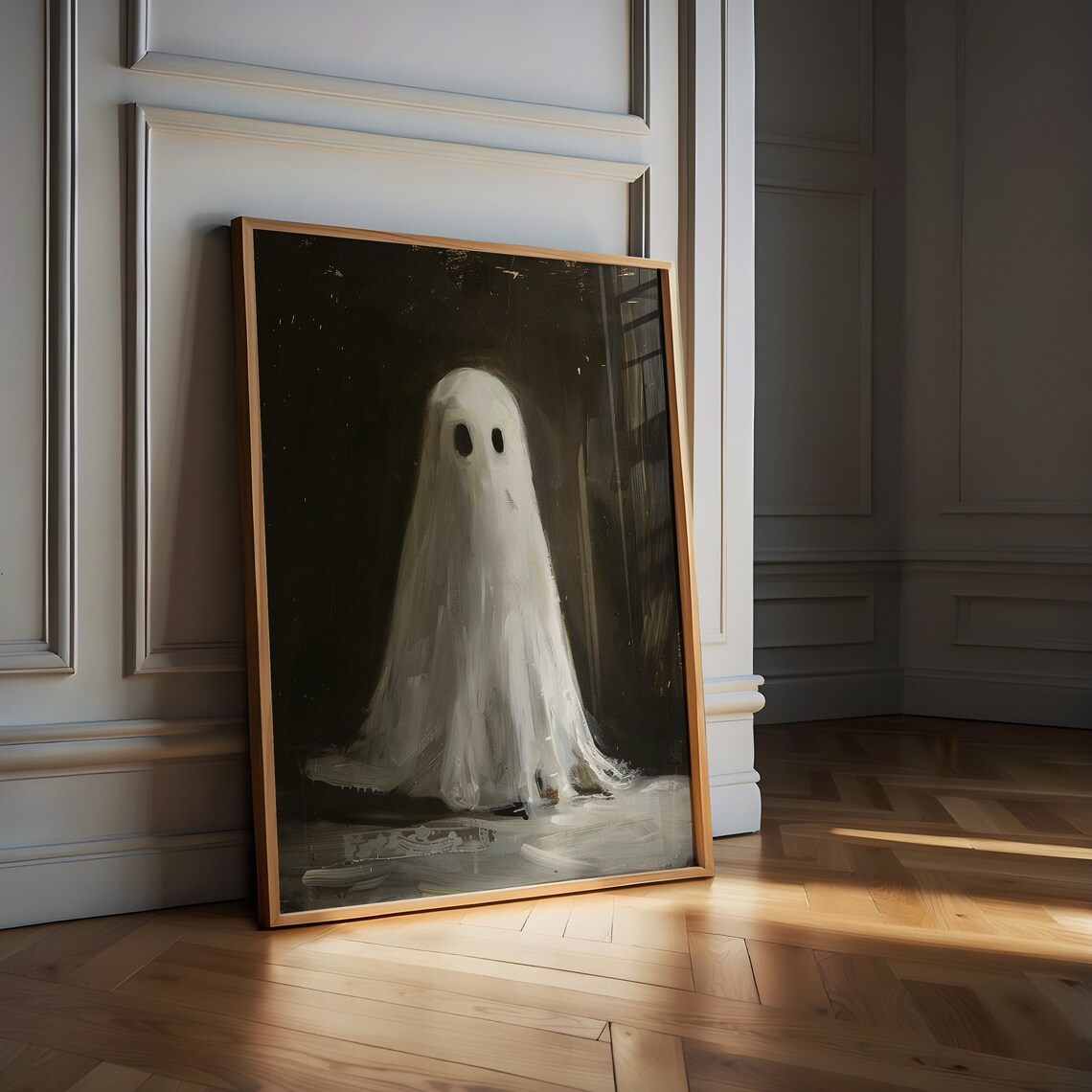Cute Sheet Ghost in Dark Vintage Oil Painting Halloween Poster - Image 2