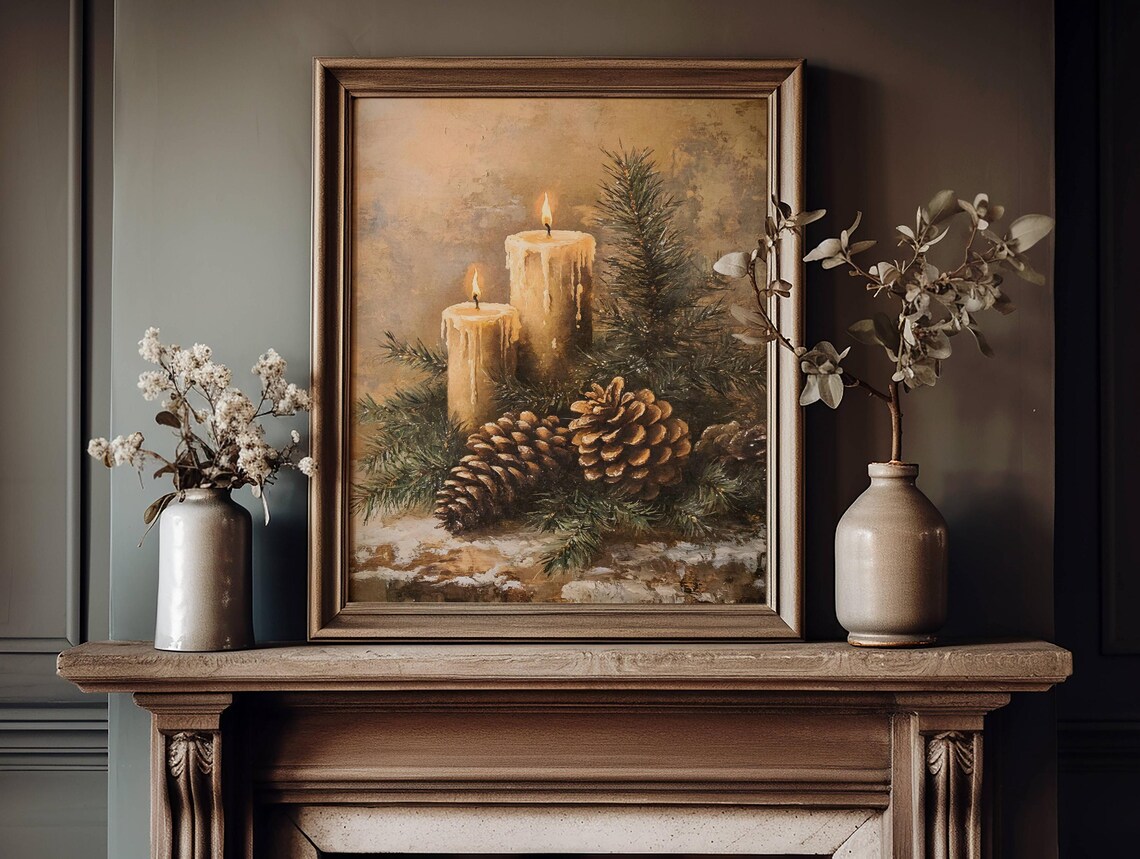 Vintage Christmas Candles Pinecones Evergreen Still Life Poster - Image 3