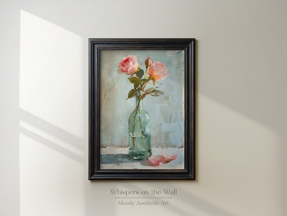 Pink Roses in Green Glass Vase Still Life Oil Painting Poster - Image 2