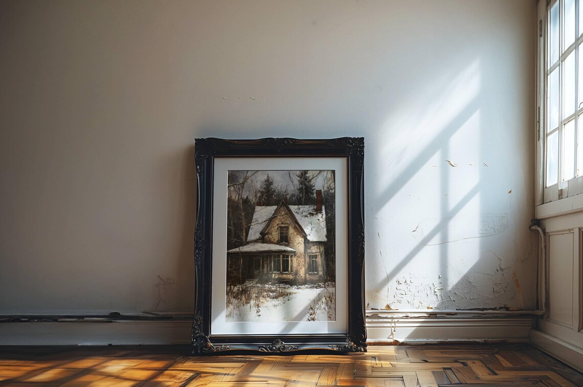 Snowy Cottage in Winter Woods Vintage Christmas Farmhouse Poster - Image 3