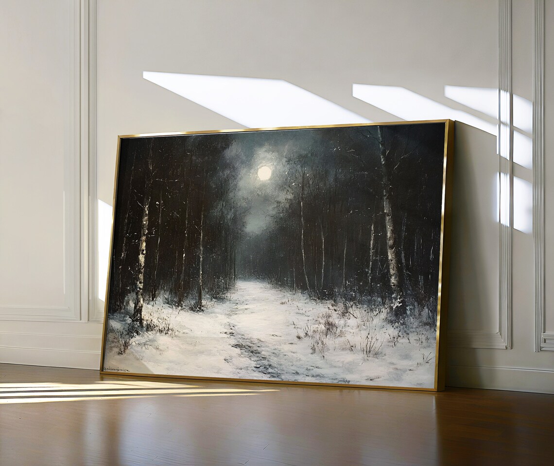 Moonlit Winter Forest Night Path Dark Moody Landscape Oil Poster - Image 6