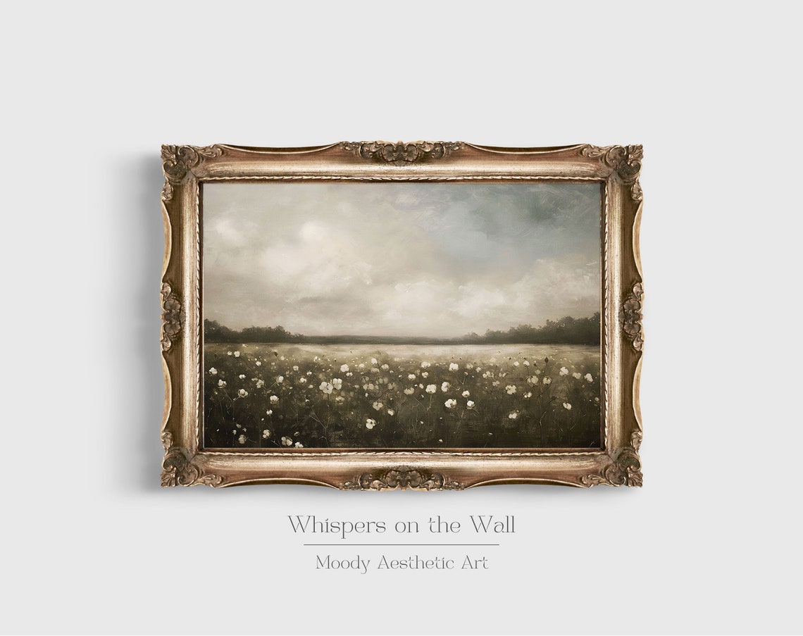 White Wildflowers Field Under Cloudy Sky Neutral Landscape Poster - Image 3