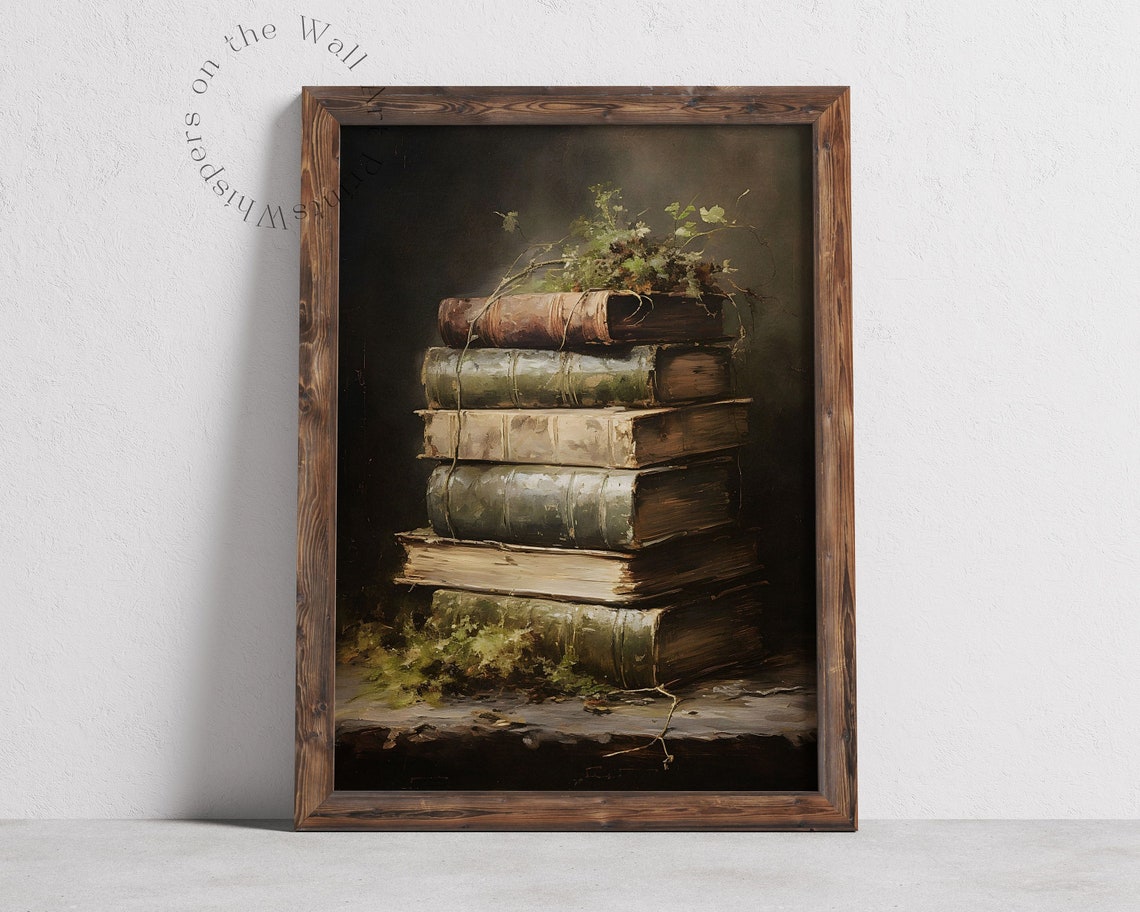 Vintage Stack of Old Books with Greenery Dark Academia Poster - Image 2