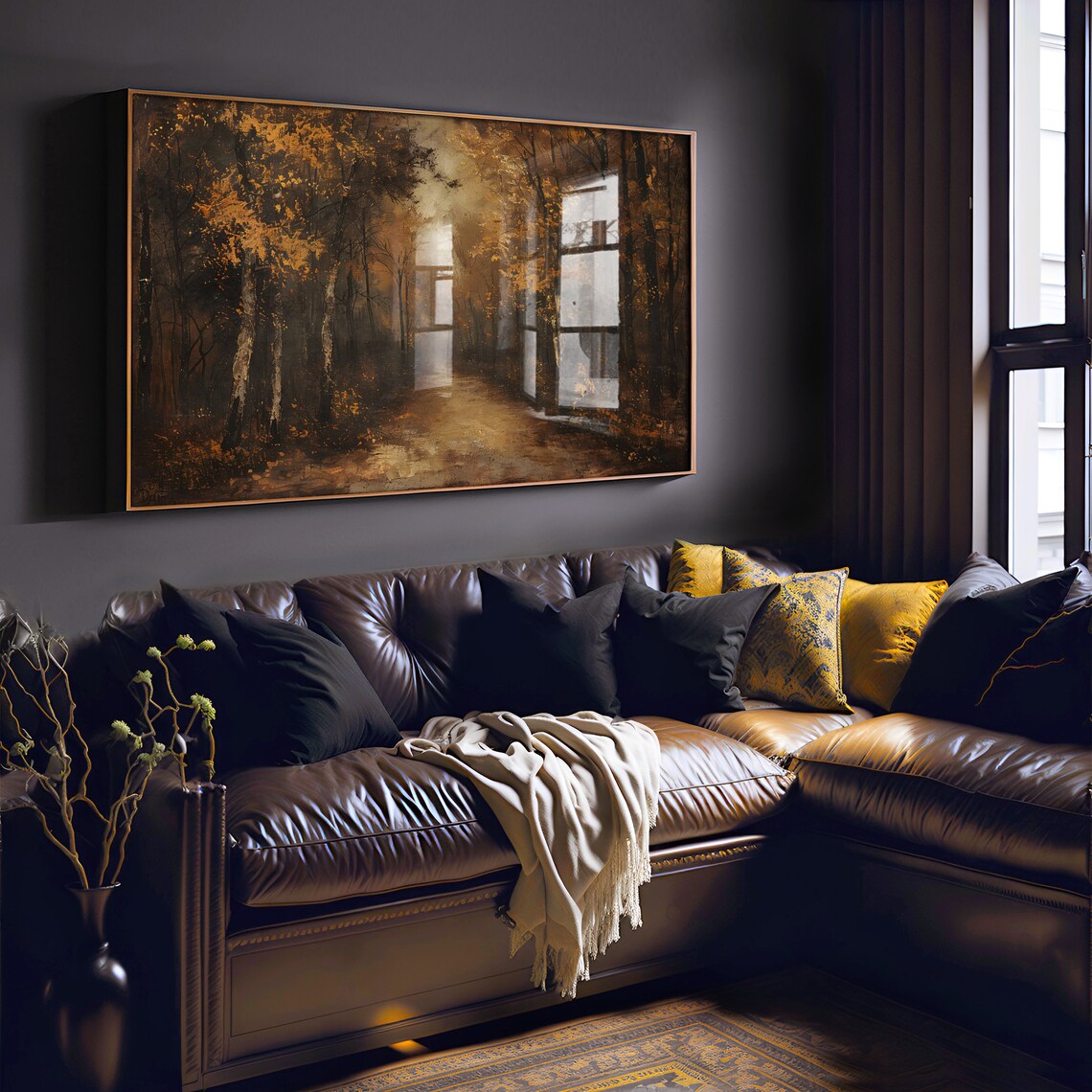Moody Fall Frame Tv Art Rustic Autumn Decor Rustic Landscape Painting Thanksgiving Instant Decor Forest Art - Image 2
